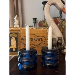 Vintage Cobalt Blue Glass Candle Holder Pair: Mid-Century Modern Decor